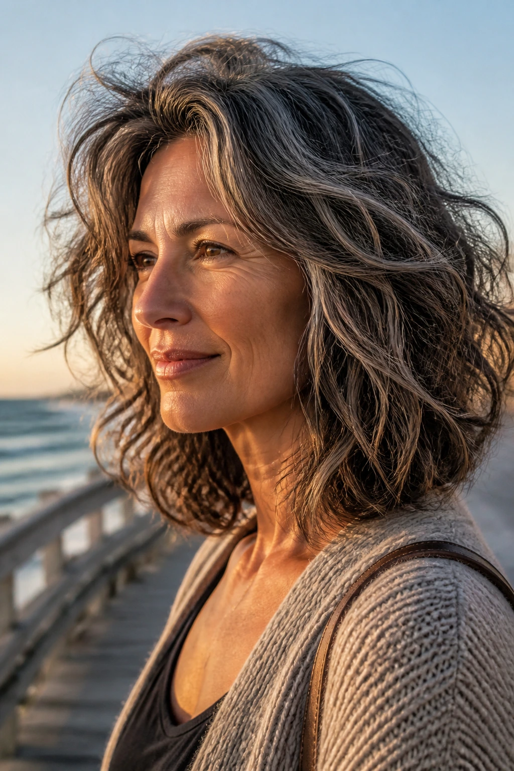 Close-up of a real woman with tousled mid-length hair and grey strands at the seaside.