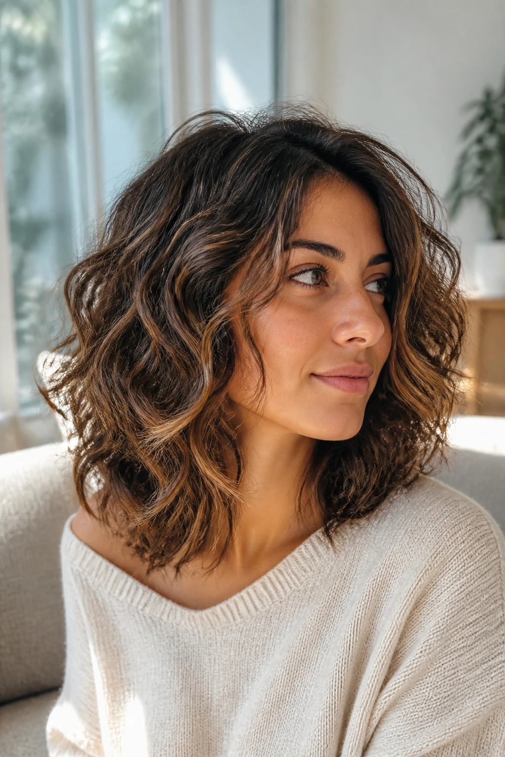 Real person with tousled mid-length haircut with hidden layers