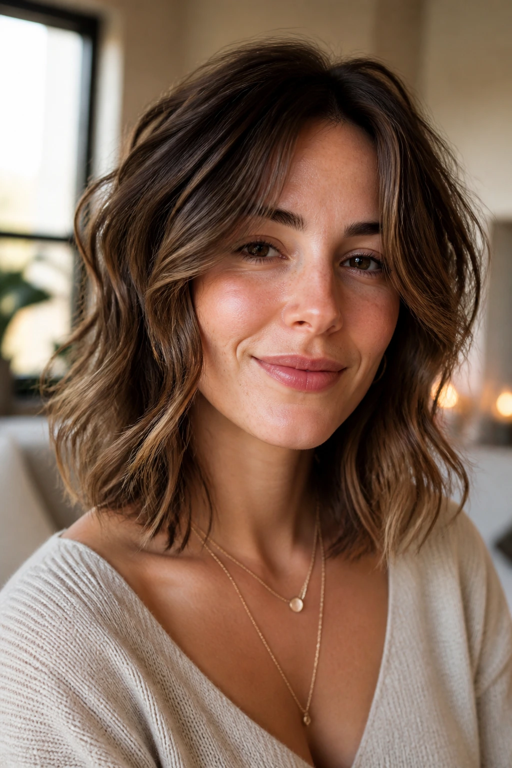 Real woman with tousled mid-length waves and micro-texturizing in a warm indoor setting