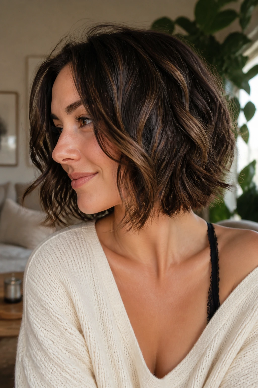 Portrait of a real person with a tousled mid-neck bob and hidden layers in a cozy home