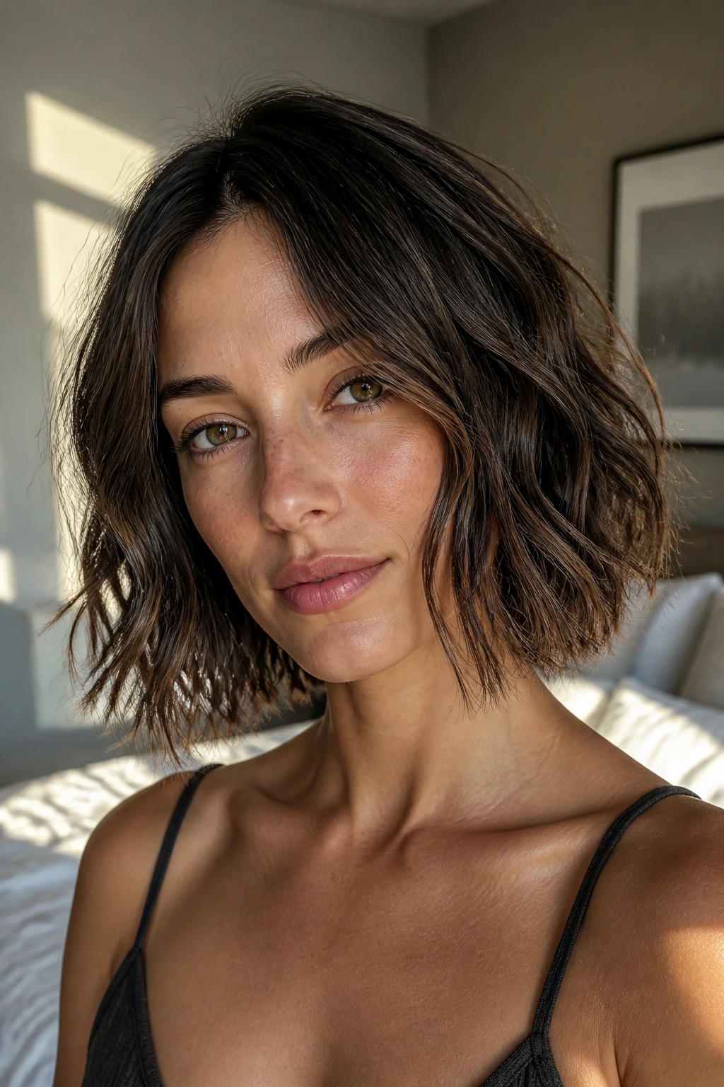 Real woman with tousled midi bob in natural light