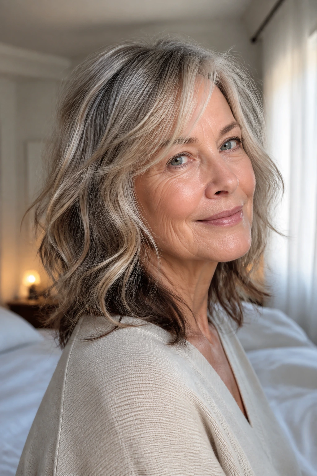 Close-up of a real woman with tousled midi cut and long layers showing dimension