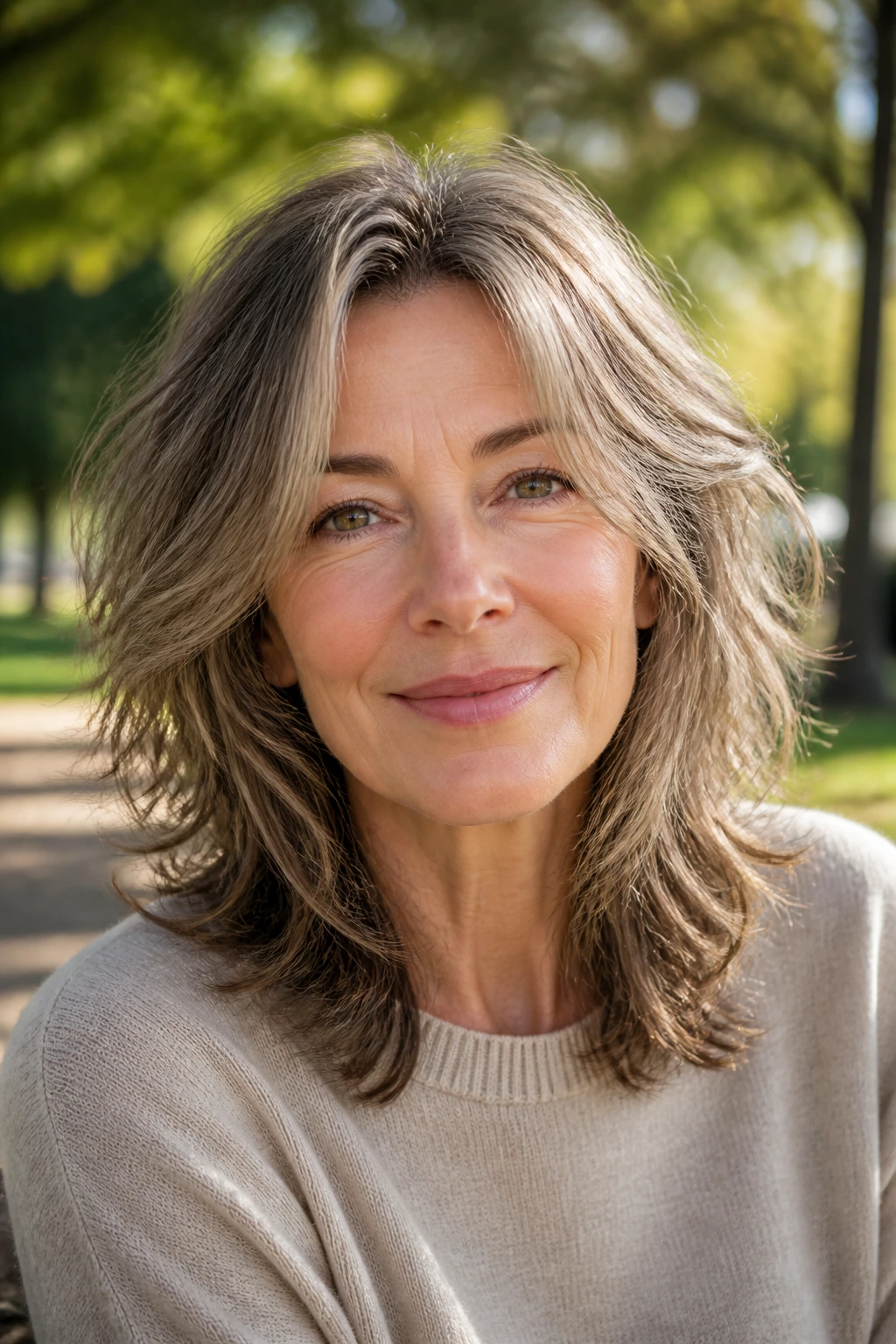 Close-up portrait of a real woman with tousled midi hair and scattered layers
