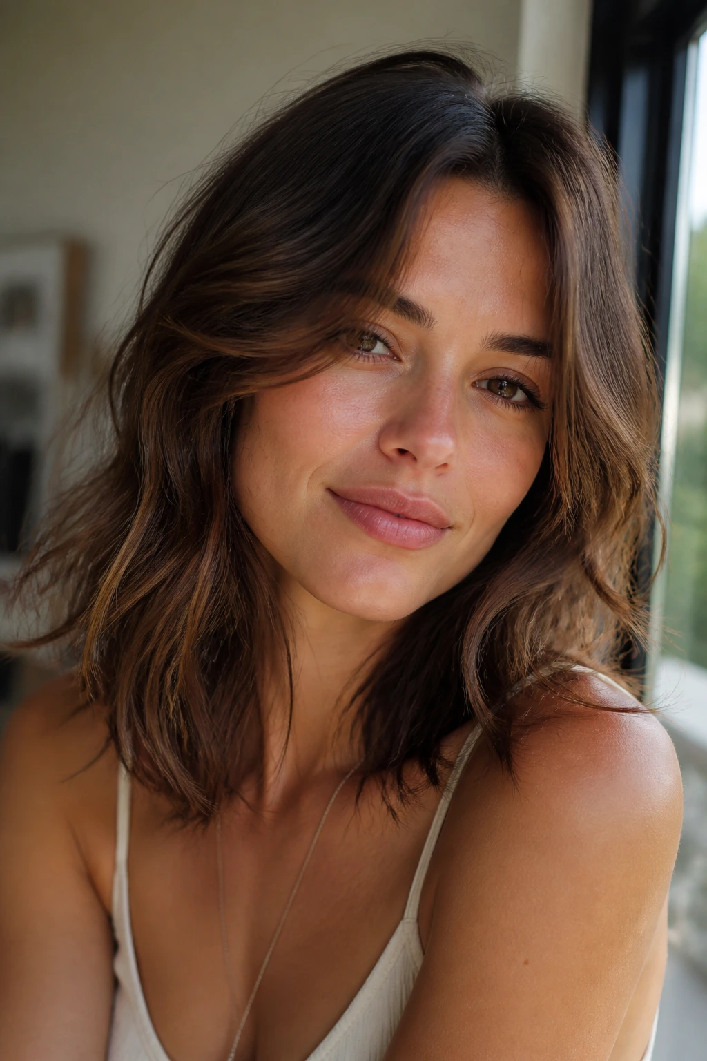 Portrait of a woman with tousled midi hair and broken ends in natural light