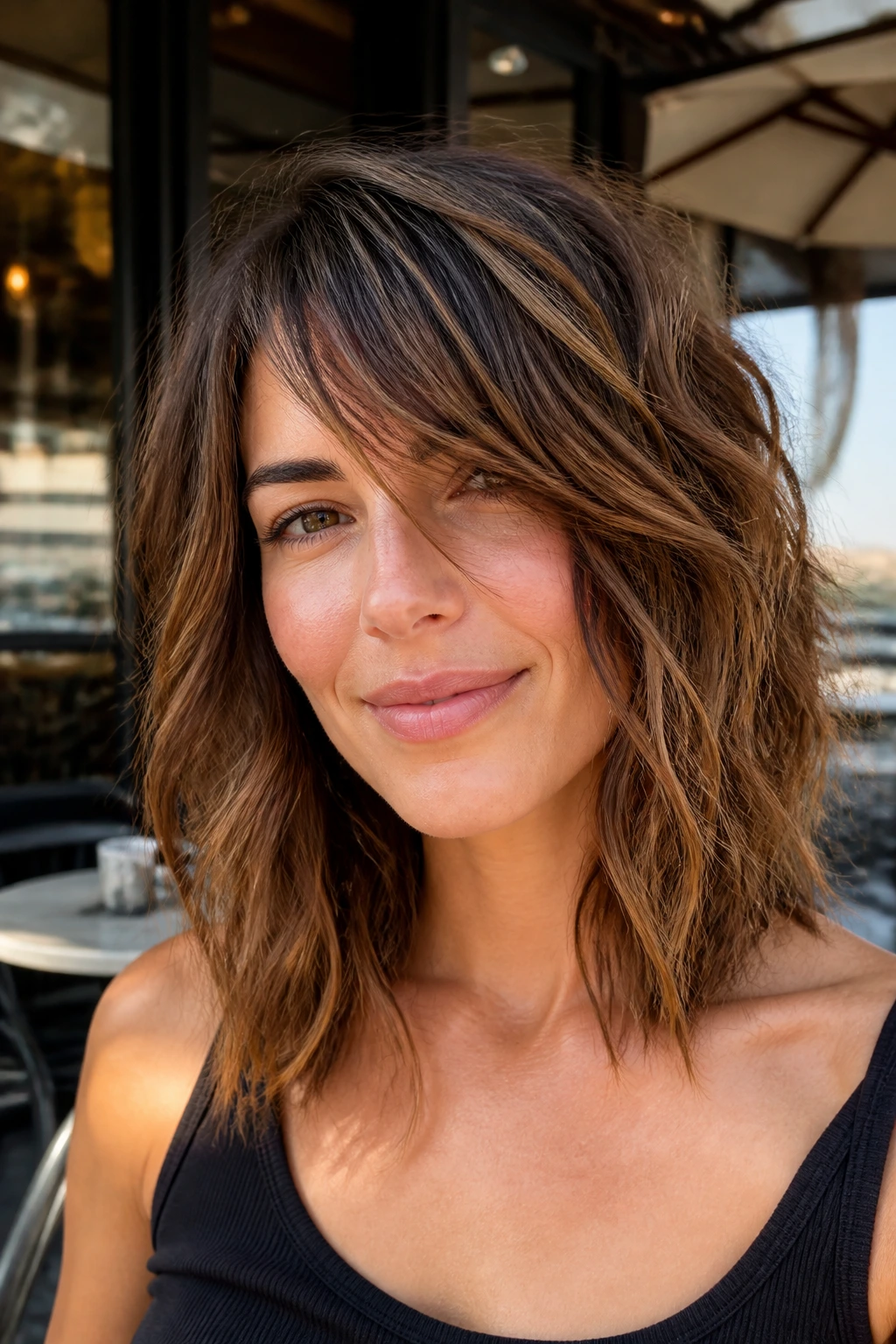 Close-up of real woman with tousled midlength cut and angled face frame in sunlit setting