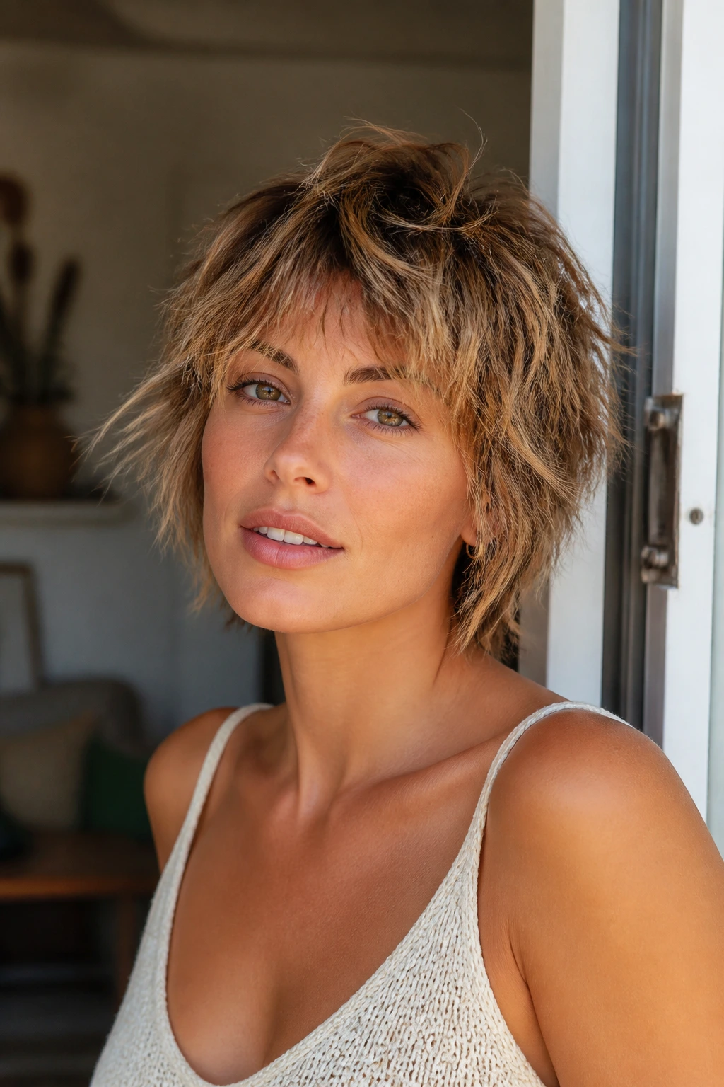 Close-up of a real person with a tousled mini shag and airy layers in sunlit light