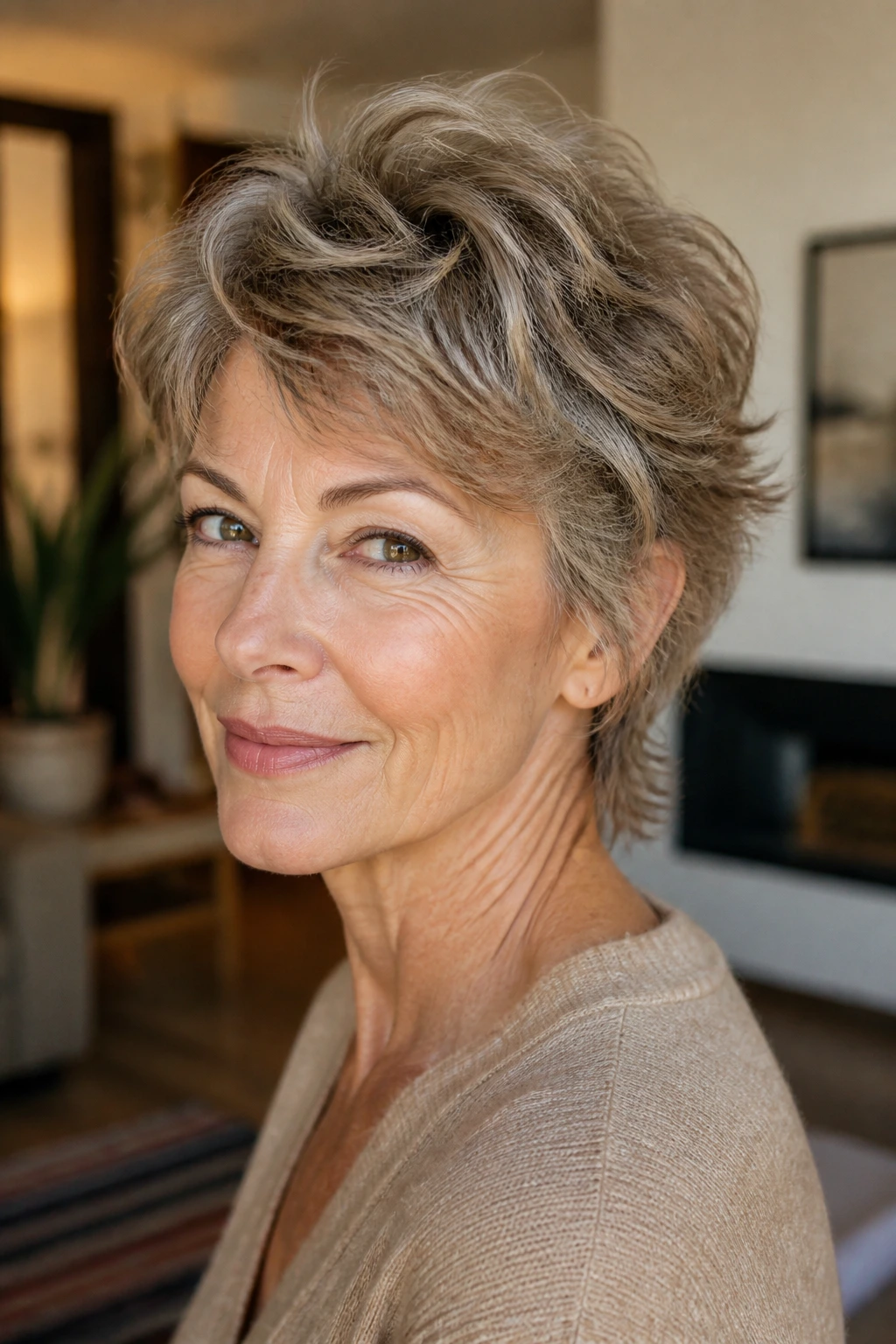 Close-up of a real woman with a tousled mixie hairstyle