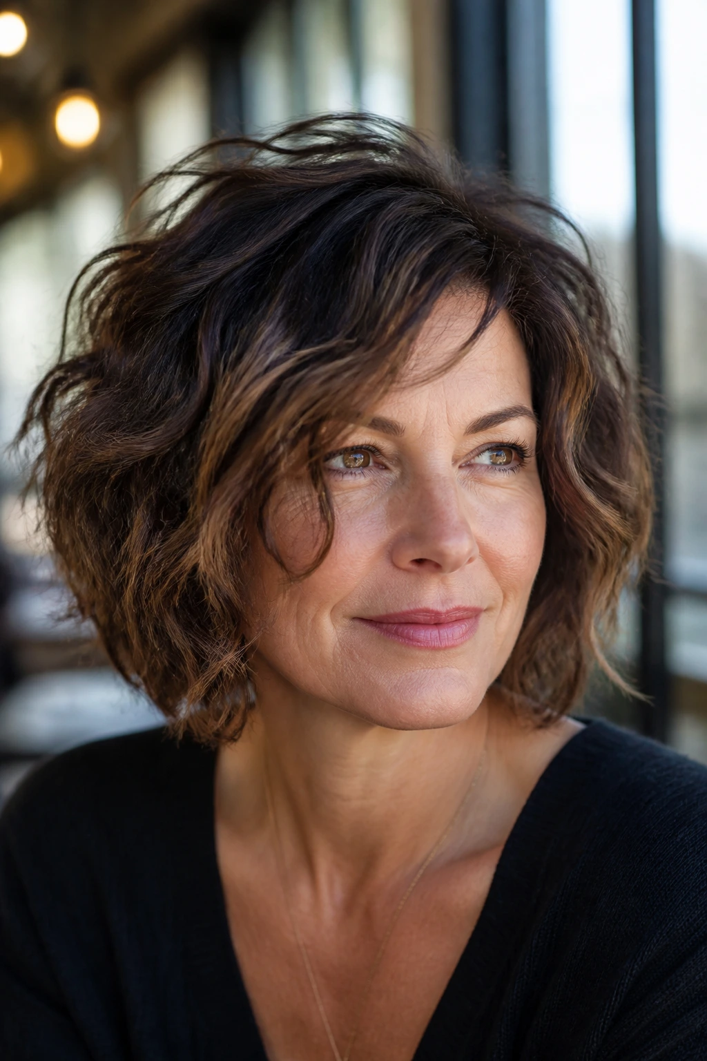 Portrait of a woman with a tousled bob and deep mocha base in soft outdoor cafe light