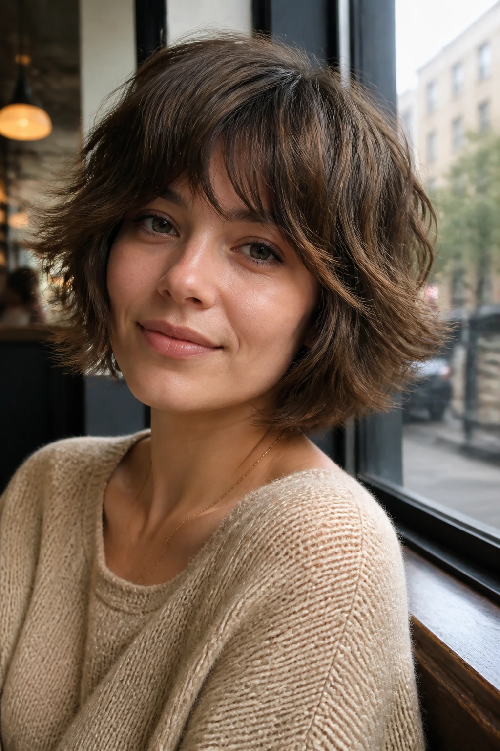 Portrait of a real person with tousled pageboy shag in daylight at a cafe