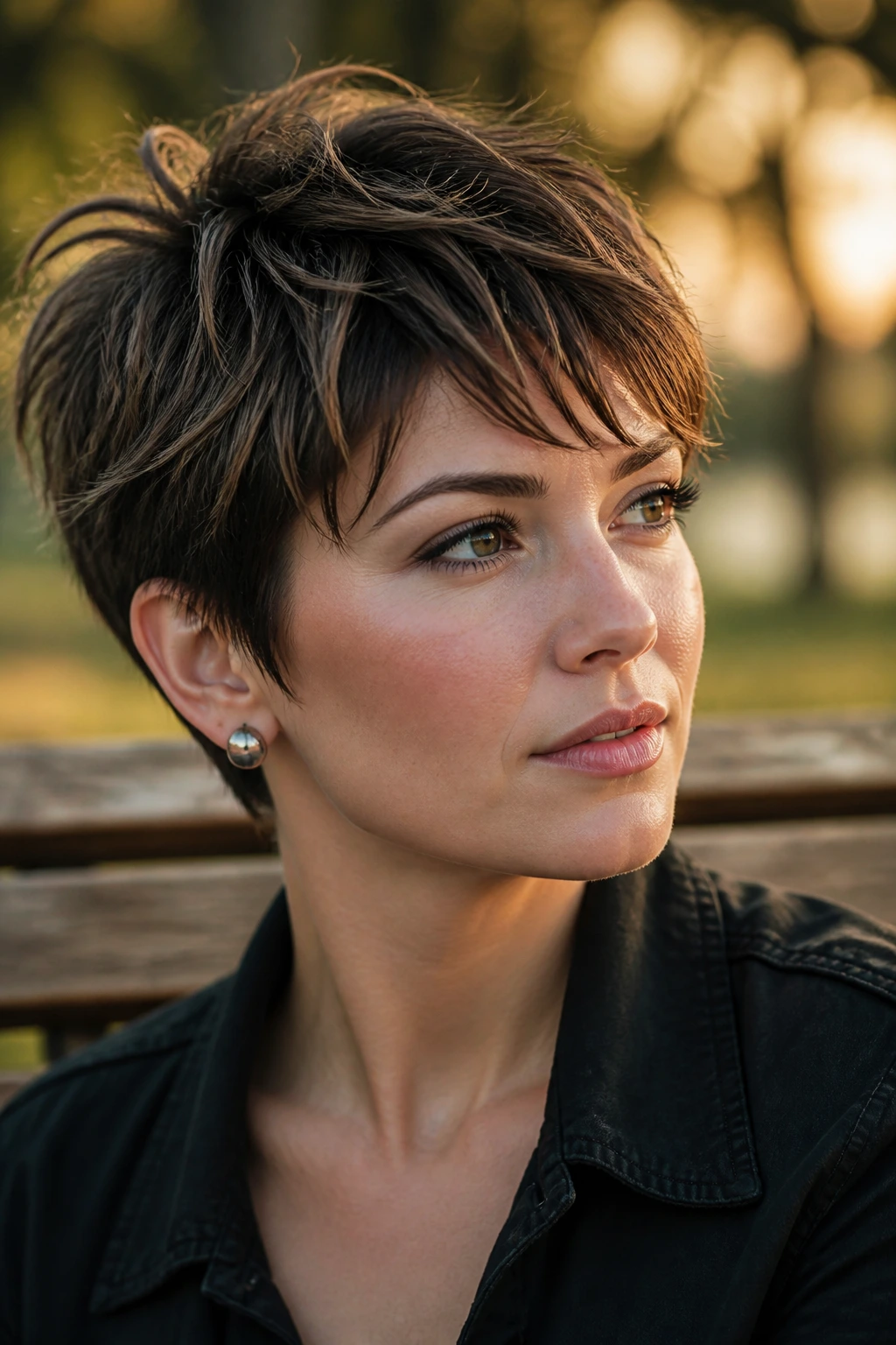 Close-up of a woman with a tousled piecey pixie showing defined sections