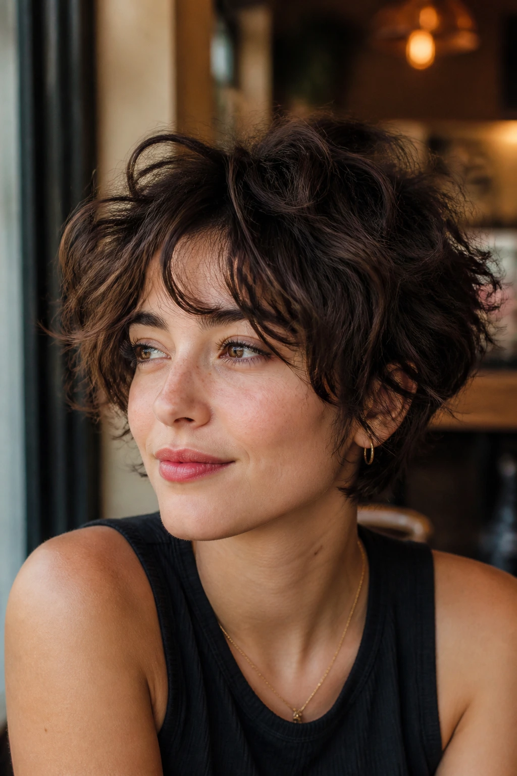 Close-up of a real person with tousled pixie-bob and broken curtain bangs