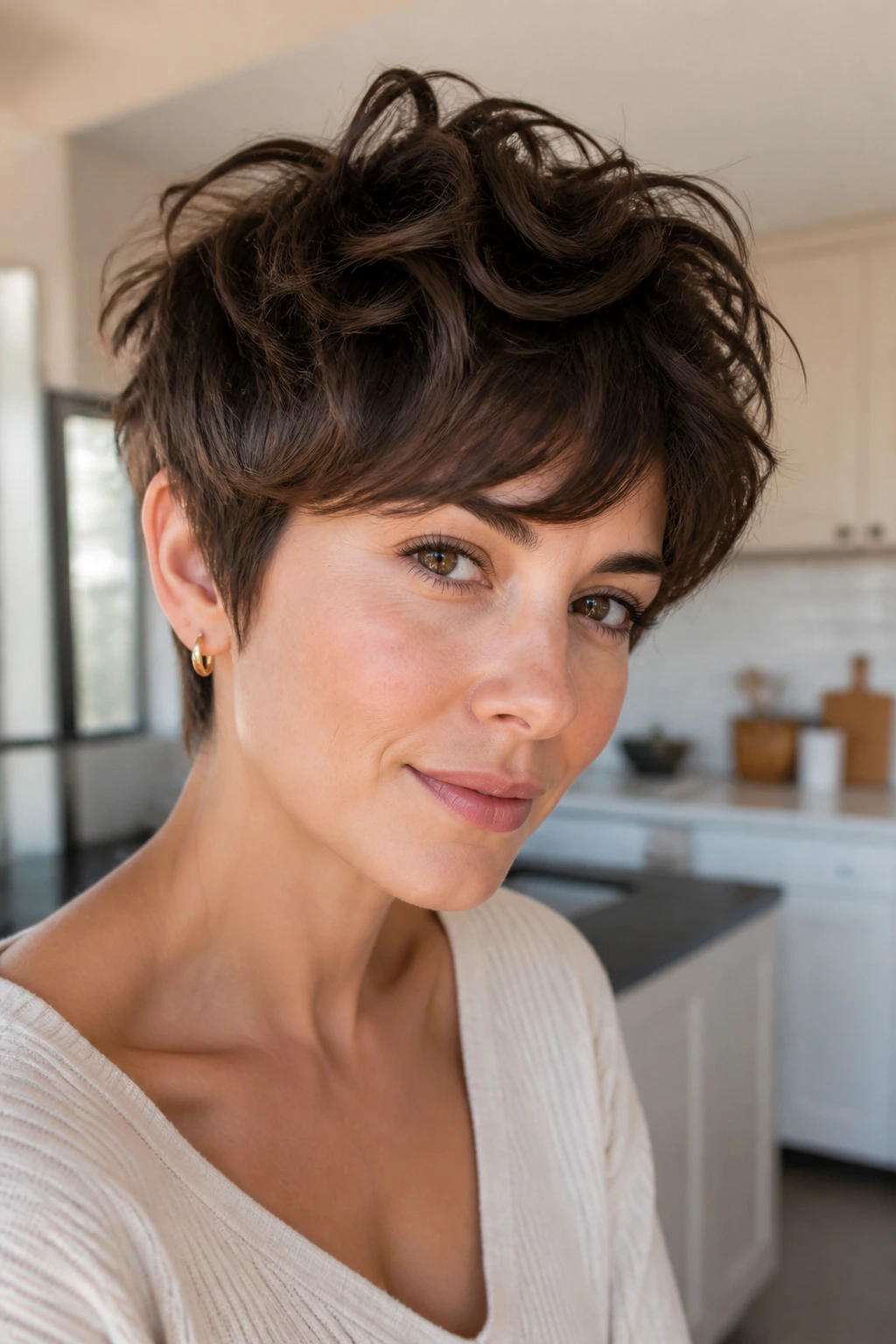 Close-up of a real woman with a tousled wash-and-wear pixie.