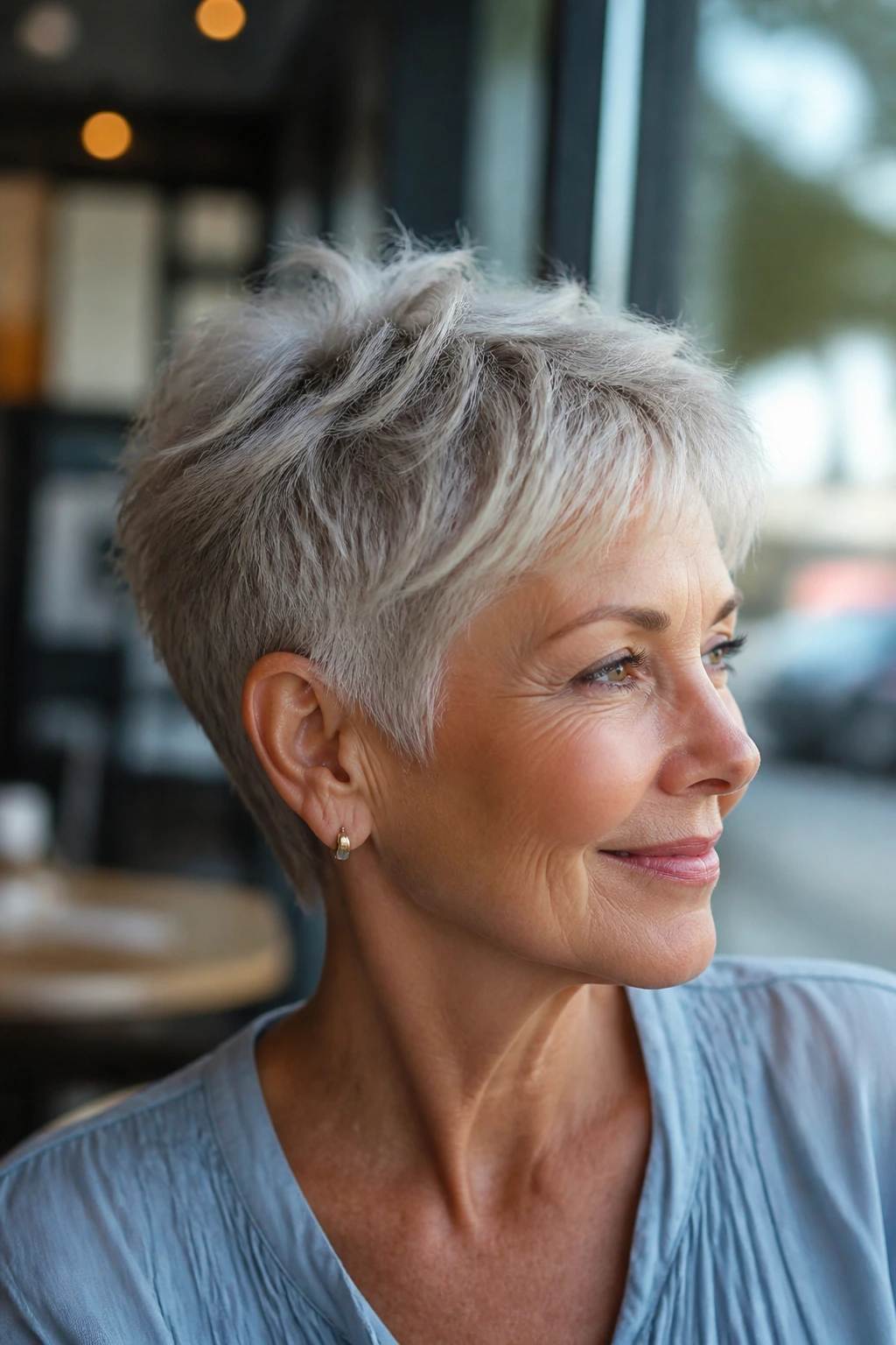 Portrait of a real woman with a tousled tapered pixie