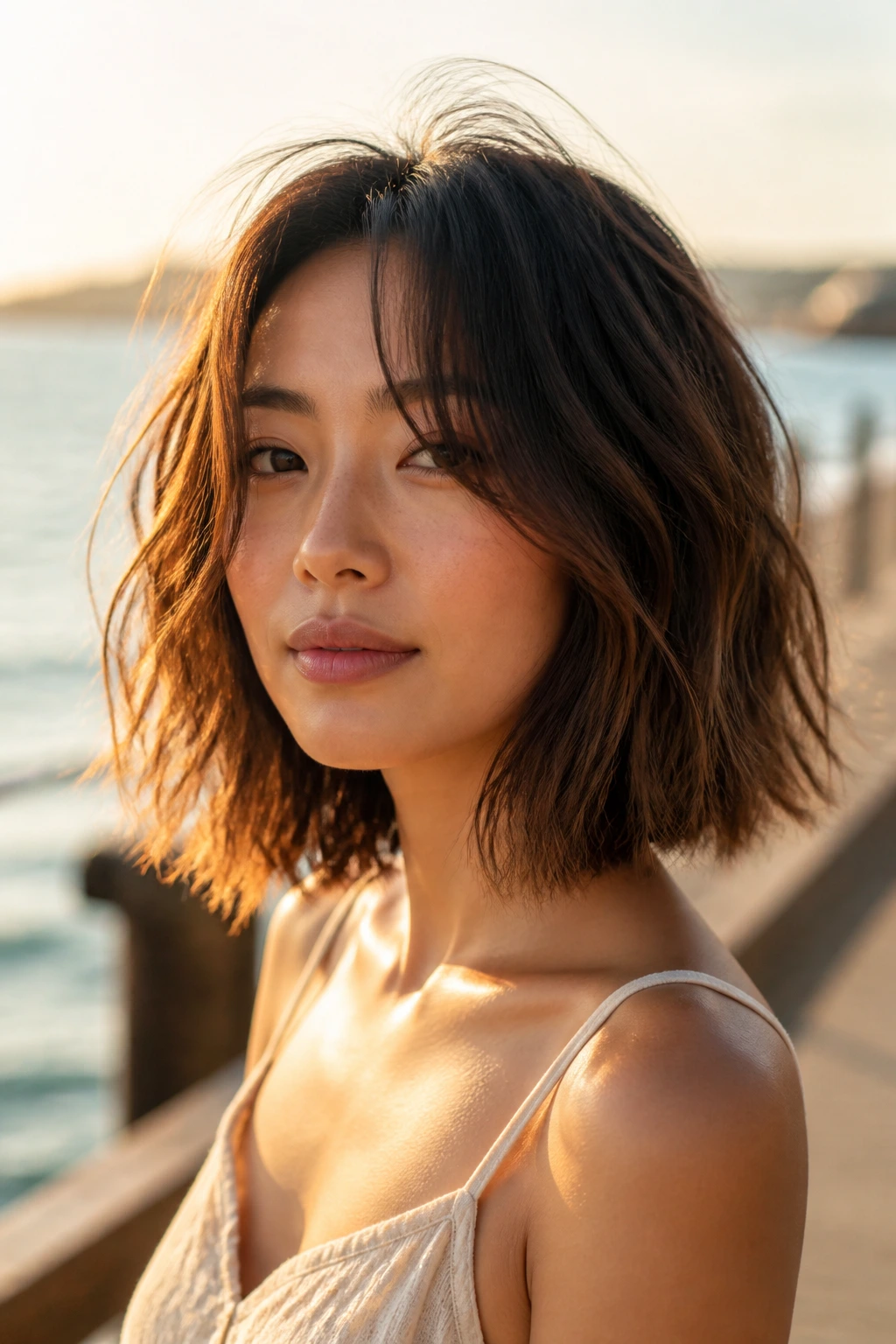 Real woman with tousled salt-spray bob and soft curtain bangs on a sunny boardwalk.