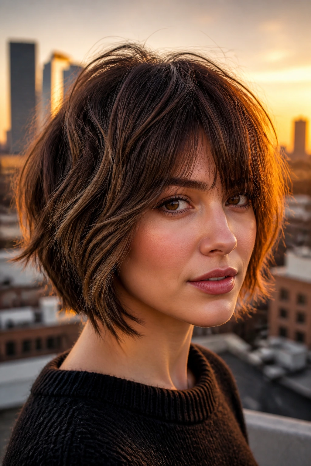 Real woman with tousled shag bob and mocha lowlights on a rooftop at golden hour.
