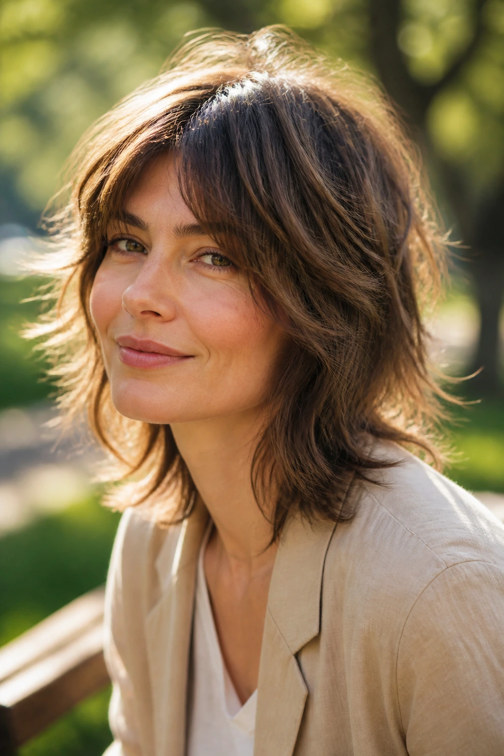 Close-up of a real woman with a tousled mid-length shag hairstyle