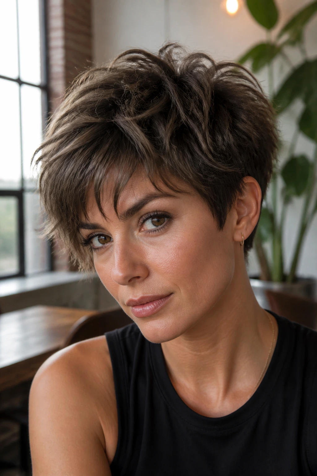 Real woman with tousled shag pixie and choppy crown close-up.