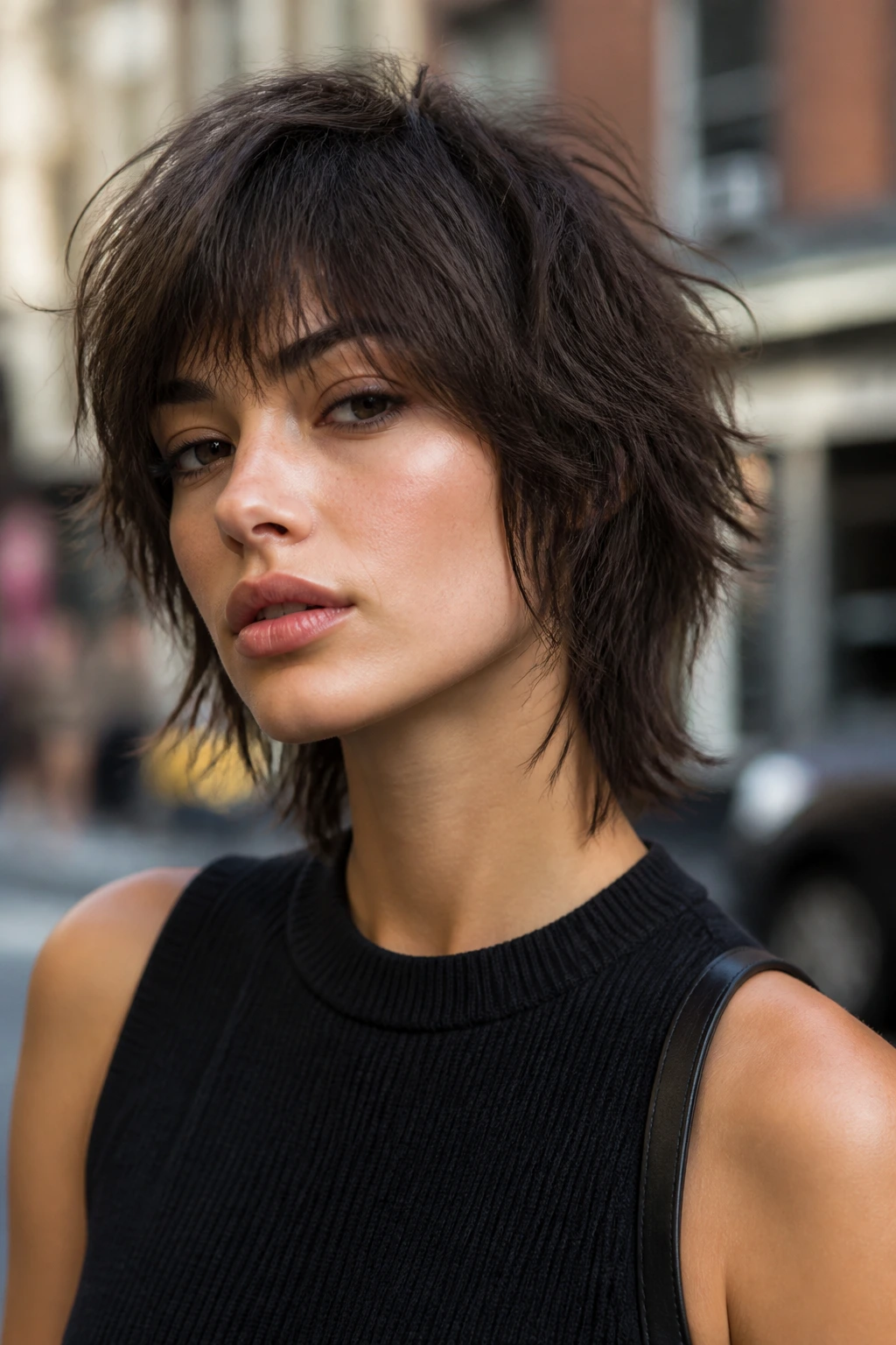 Close-up of a woman with tousled shag and razor-pointed ends in outdoor daylight.