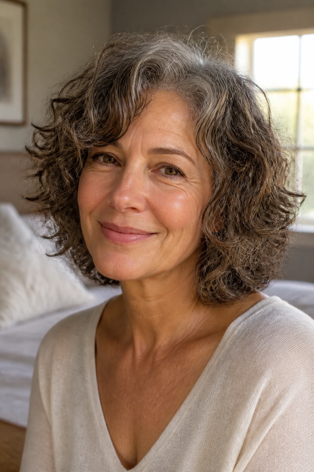 Close-up portrait of a real woman with a tousled shoulder-length curly bob in warm natural light