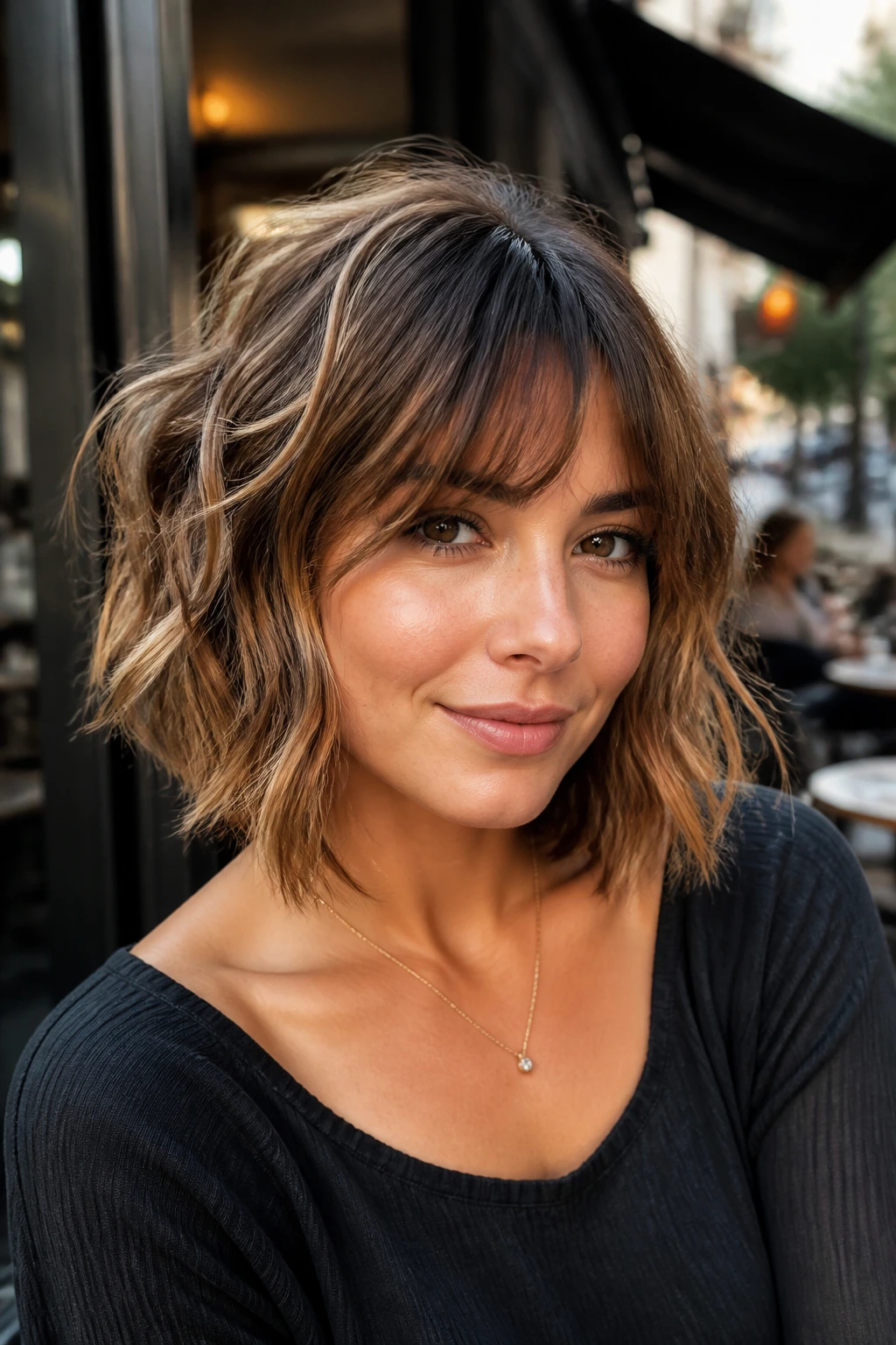 Close-up portrait of a real woman with tousled shoulder crop and dimensional bronze