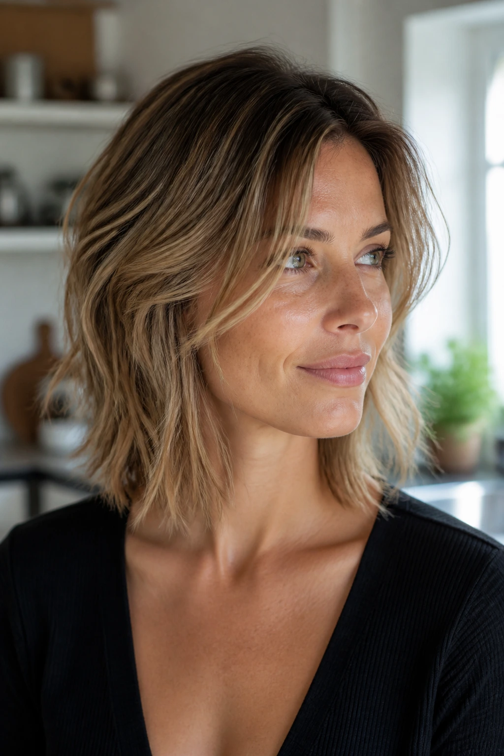 Close-up of a real woman with shoulder-length tousled crop and micro layers