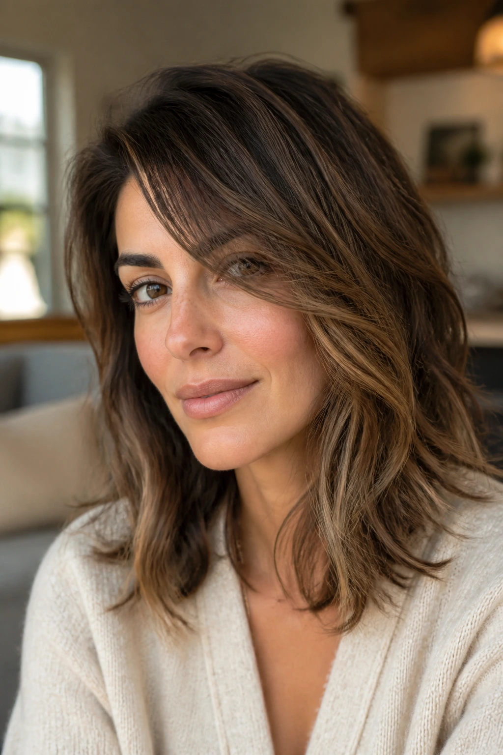Close-up of a real person with tousled shoulder-length layers and depth.