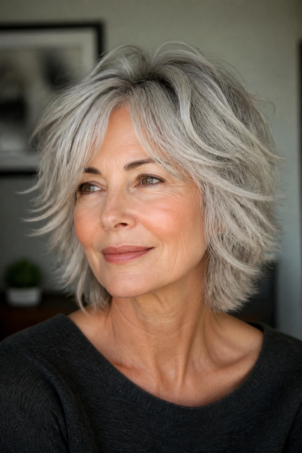 Close-up portrait of a real woman with a tousled silver shag hairdo