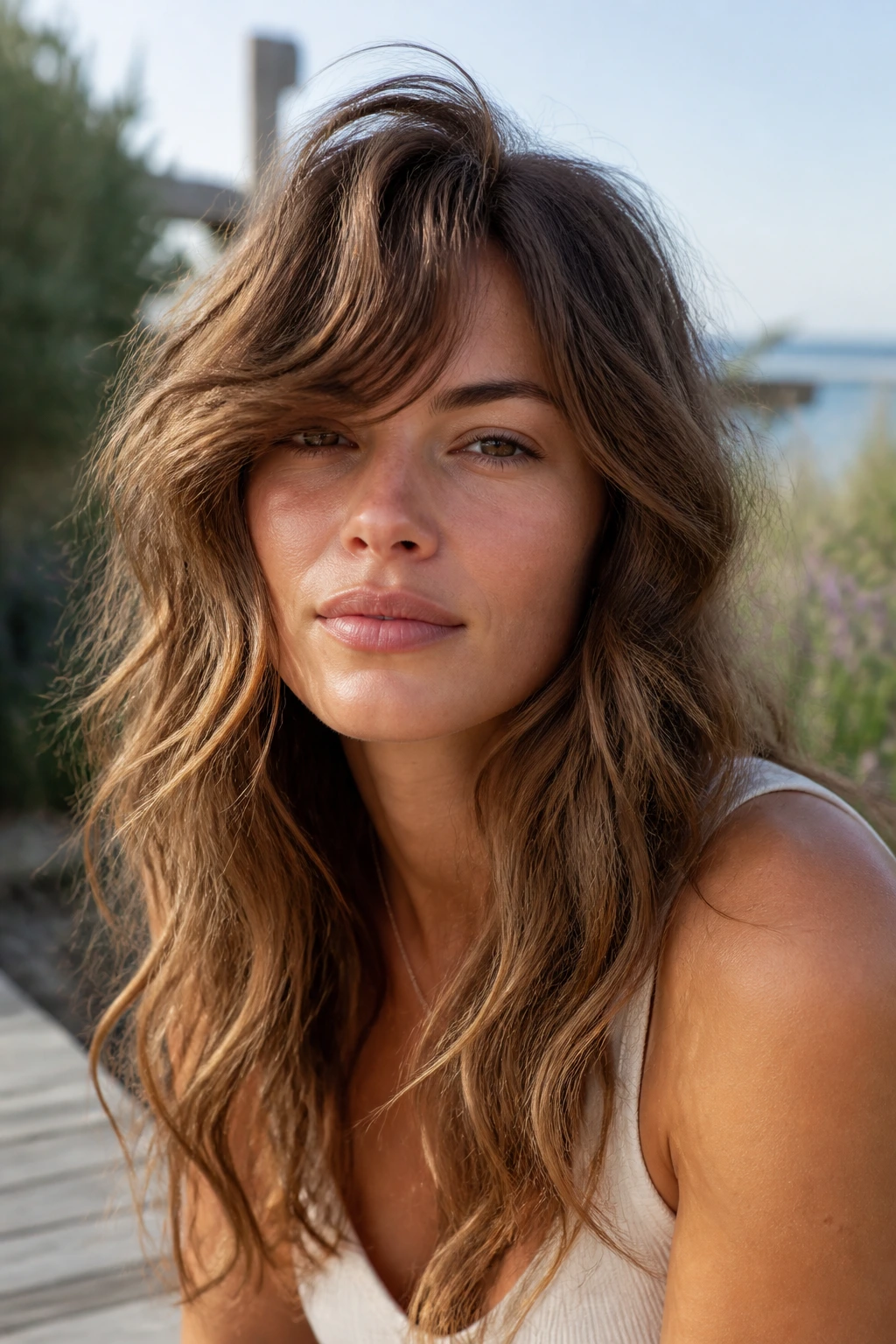 Real woman with tousled swoop bangs and wavy hair close-up portrait