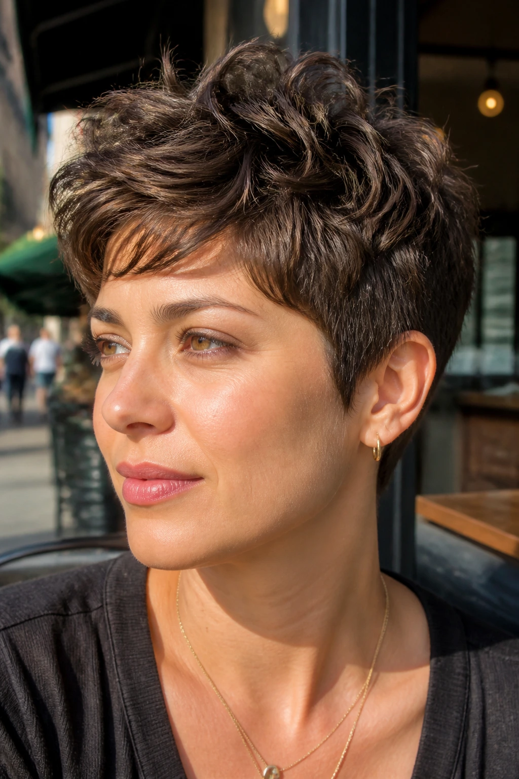 Close-up portrait of a real woman with a textured tousled tapered pixie haircut