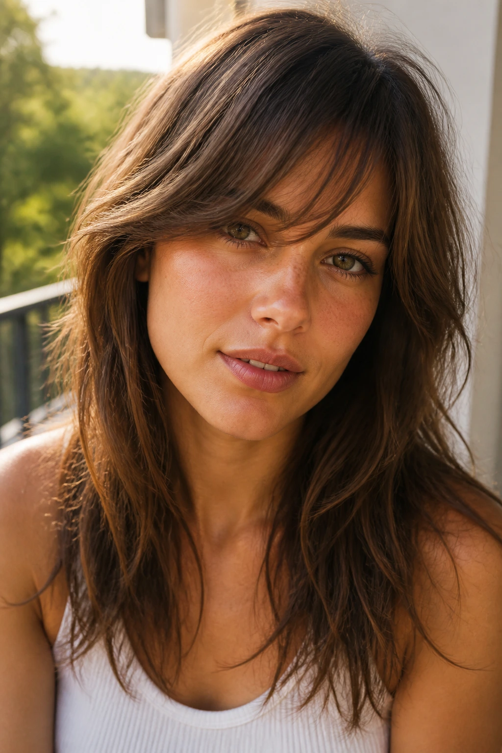 Portrait of a real woman with a tousled textured bang.