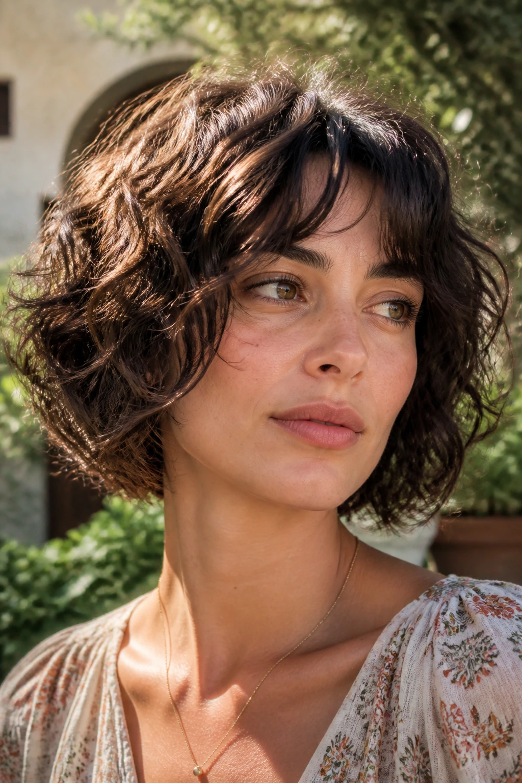 Close-up of a real woman with tousled textured chin-length bob in natural outdoor light