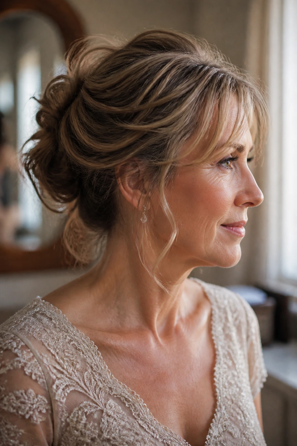 Real woman with a tousled shoulder-length updo in natural light