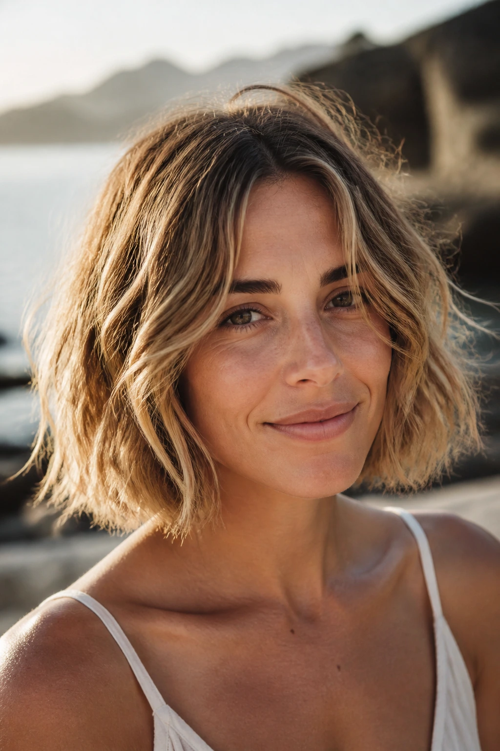 Real woman with a tousled vacation bob in sunlit outdoor setting.