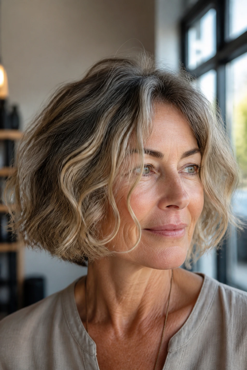 Close-up of a real woman with a tousled wavy chin-length bob in natural light.