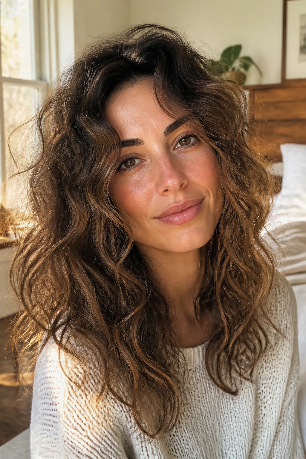 Close-up portrait of a real woman with tousled waves on frizzy hair and a heart-shaped face, lit by warm window light.