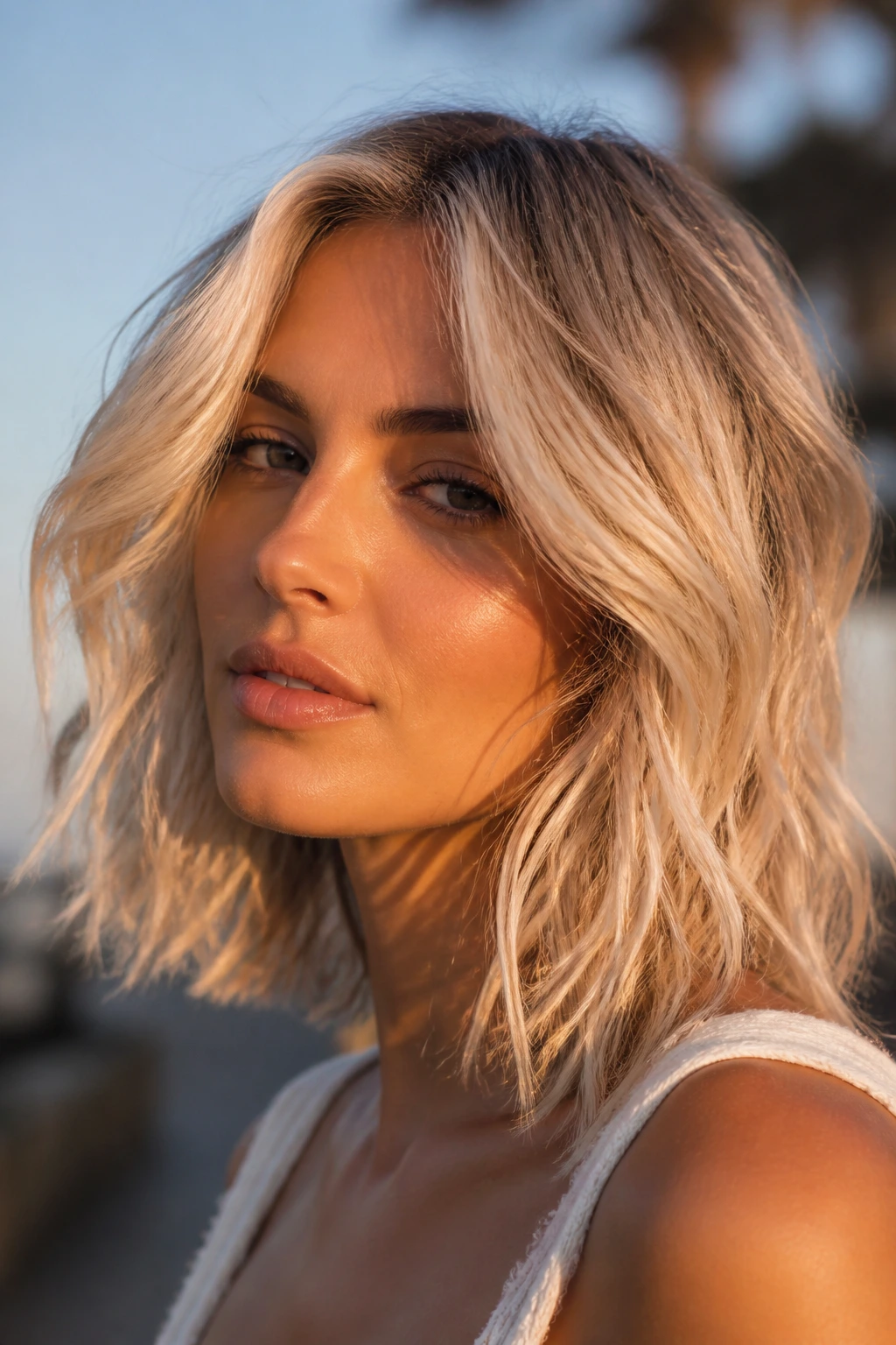 Portrait of a woman with tousled shoulder-length icy blonde waves