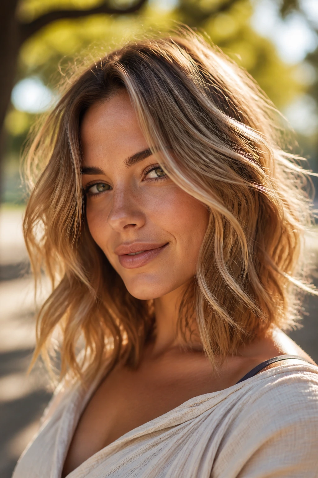 Close-up of a real woman with tousled waves and invisible layers in natural light