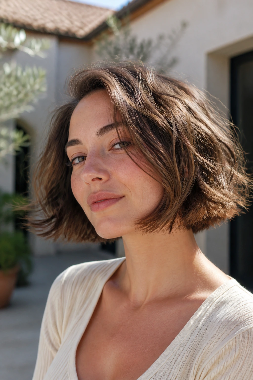 Real woman with tousled wavy bob and thick perimeter in sunlit setting