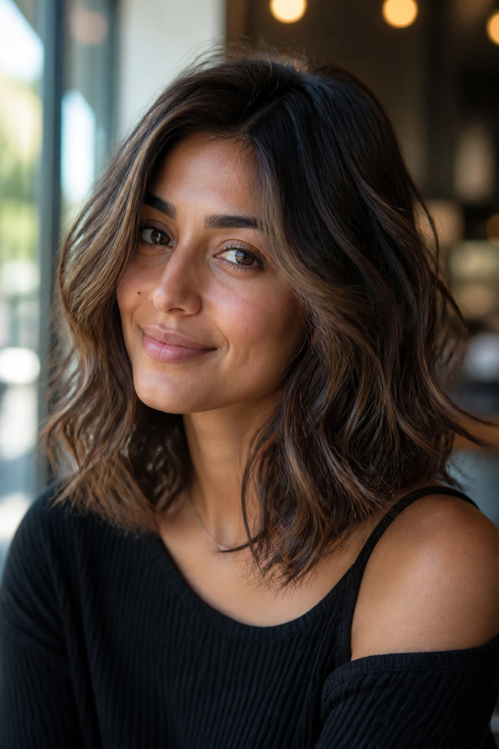 Medium close-up of a real woman with tousled wavy lob and olive skin