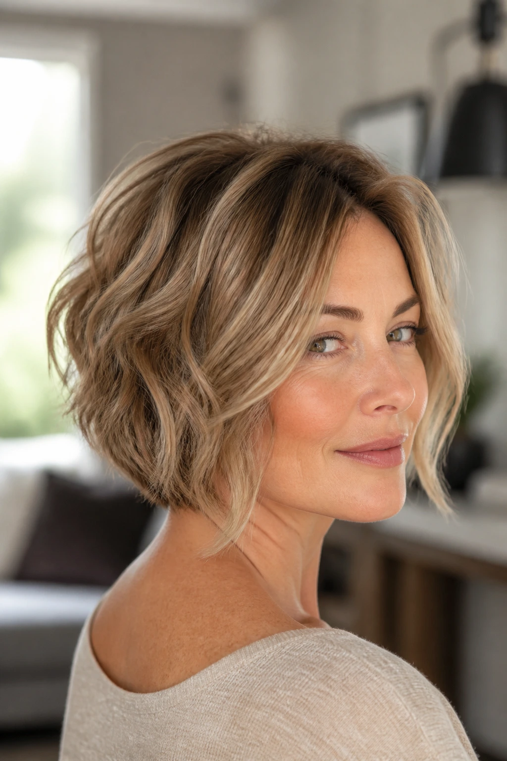 Real woman with Tousled Wedge-Inspired Bob showing modern soft texture