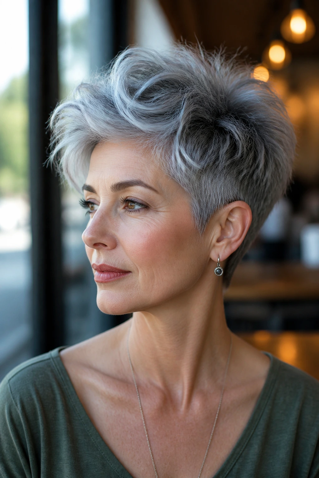 Close-up of real person with tousled wedge and slimmed side volume in gray hair