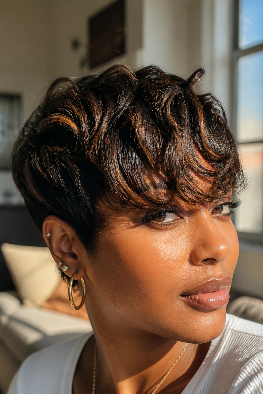 Real woman with transformative weave fringe adding depth