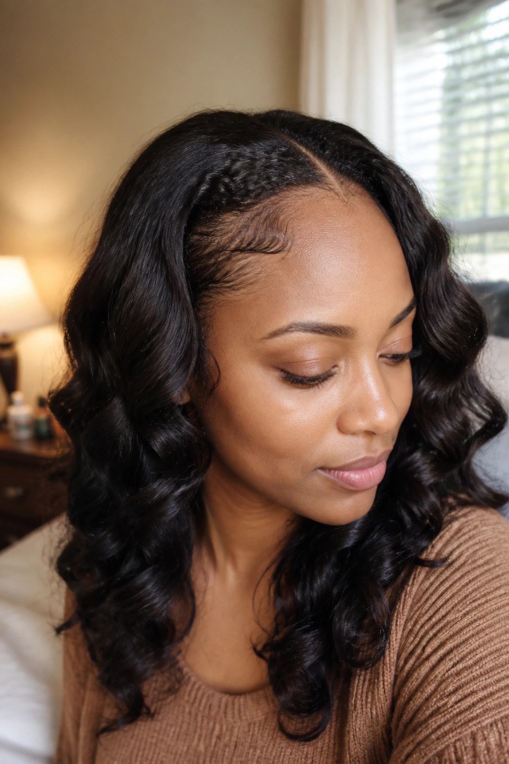 Real woman with transitioning hair wand curls showing new growth blending into relaxed ends