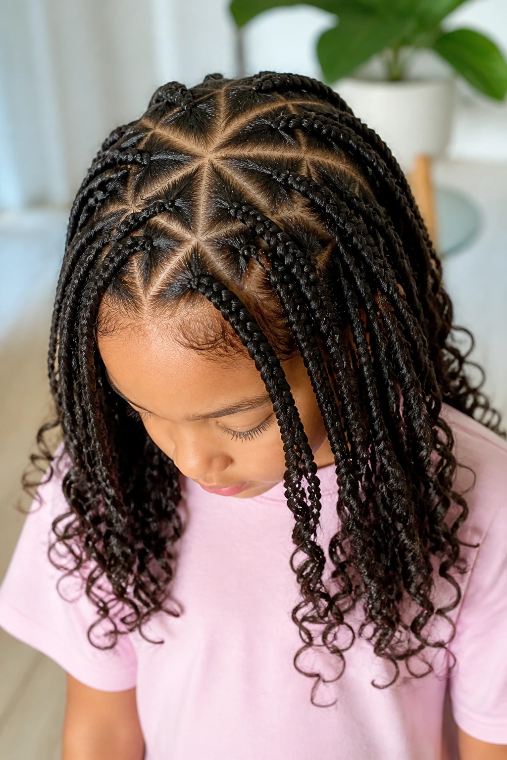 Real girl with triangle-parted box braids and curly ends