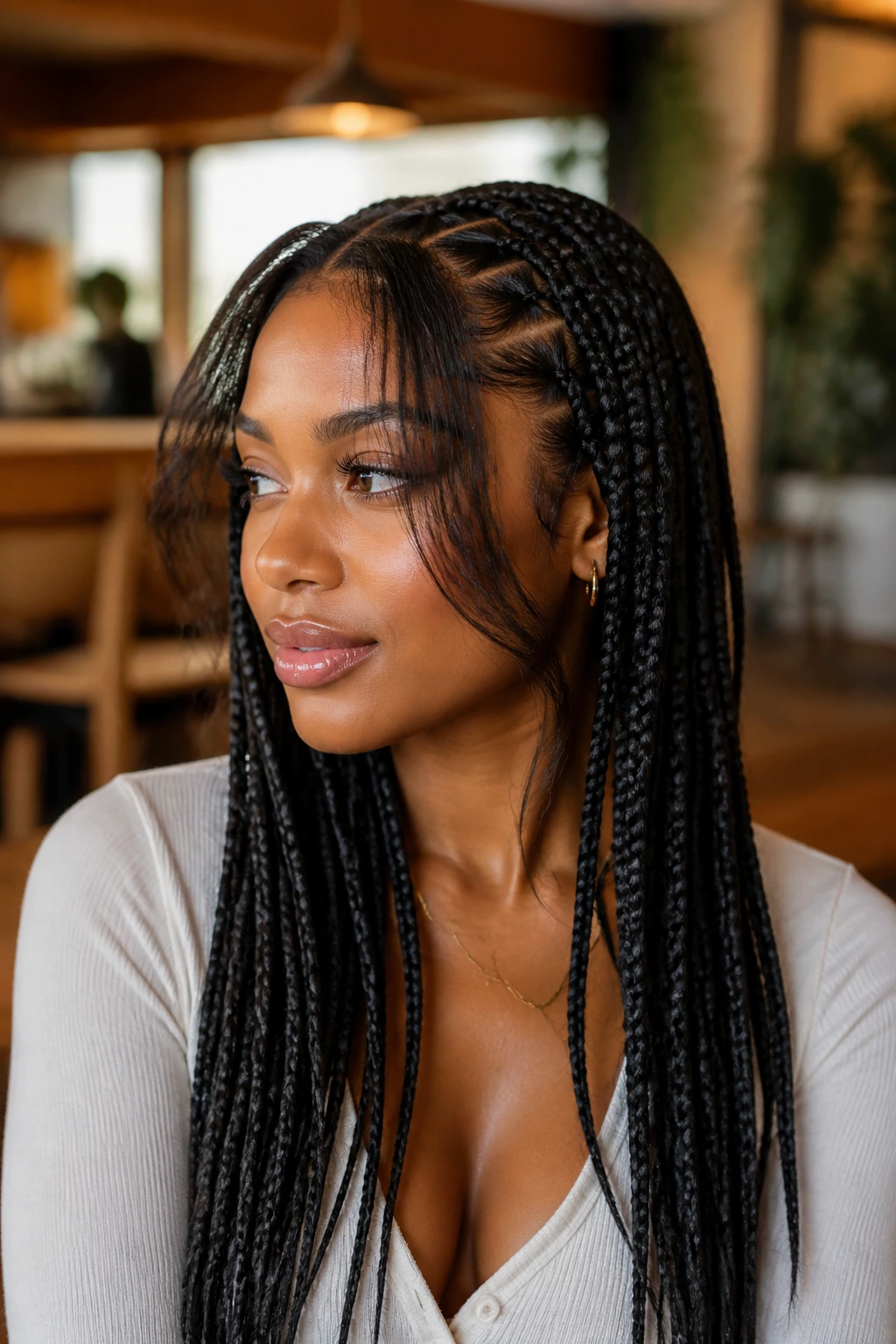 Medium close-up of a real woman with triangle box braids and soft front layers