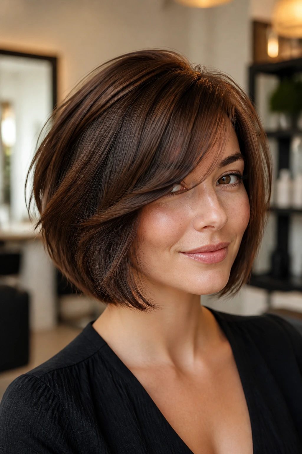Close-up portrait of a real woman with triangle-busting chin-length layers and side-swept bangs.