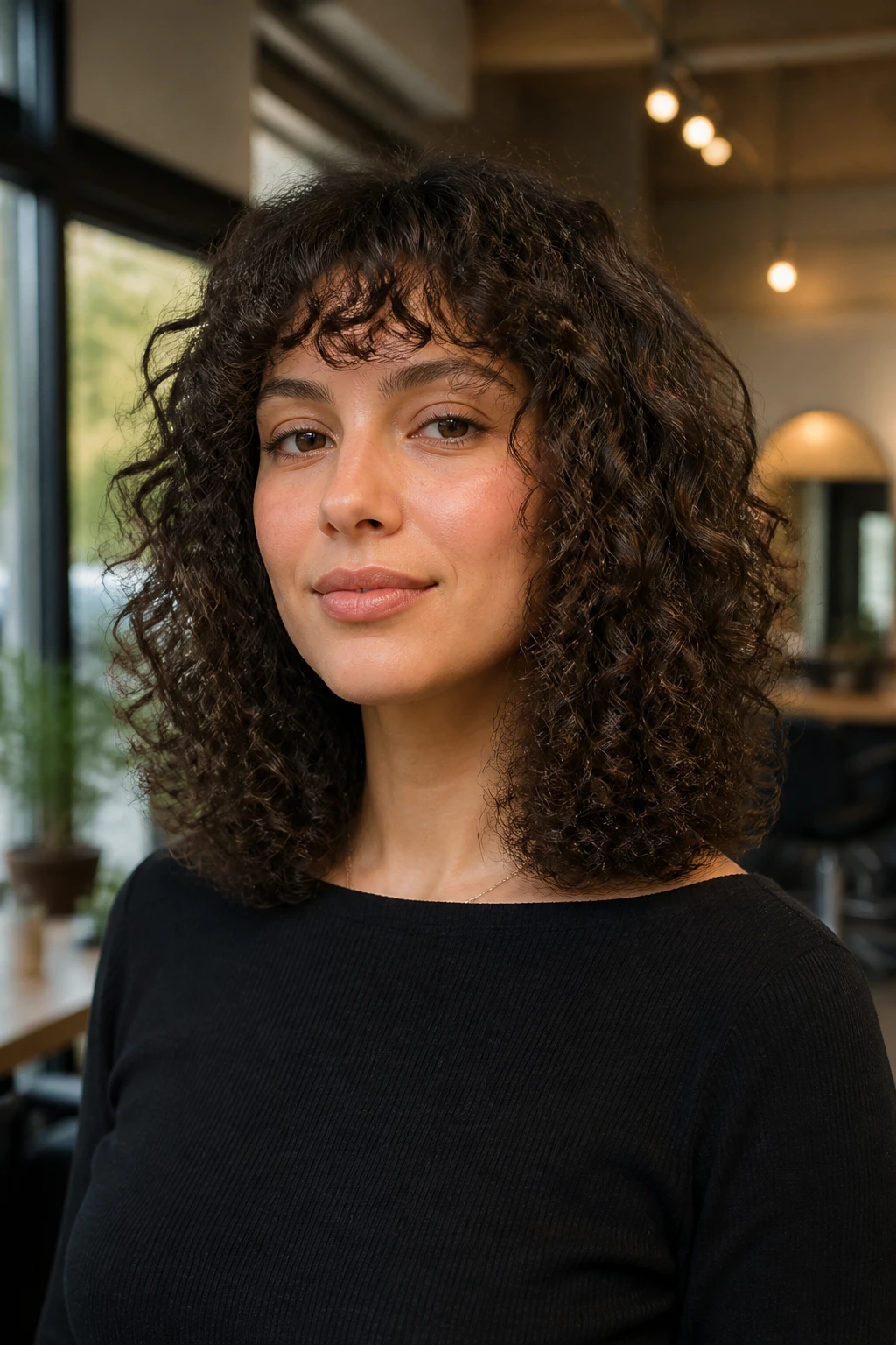 Close-up portrait of a real person with a triangle-cut hairstyle widening at the bottom on curly hair in a salon