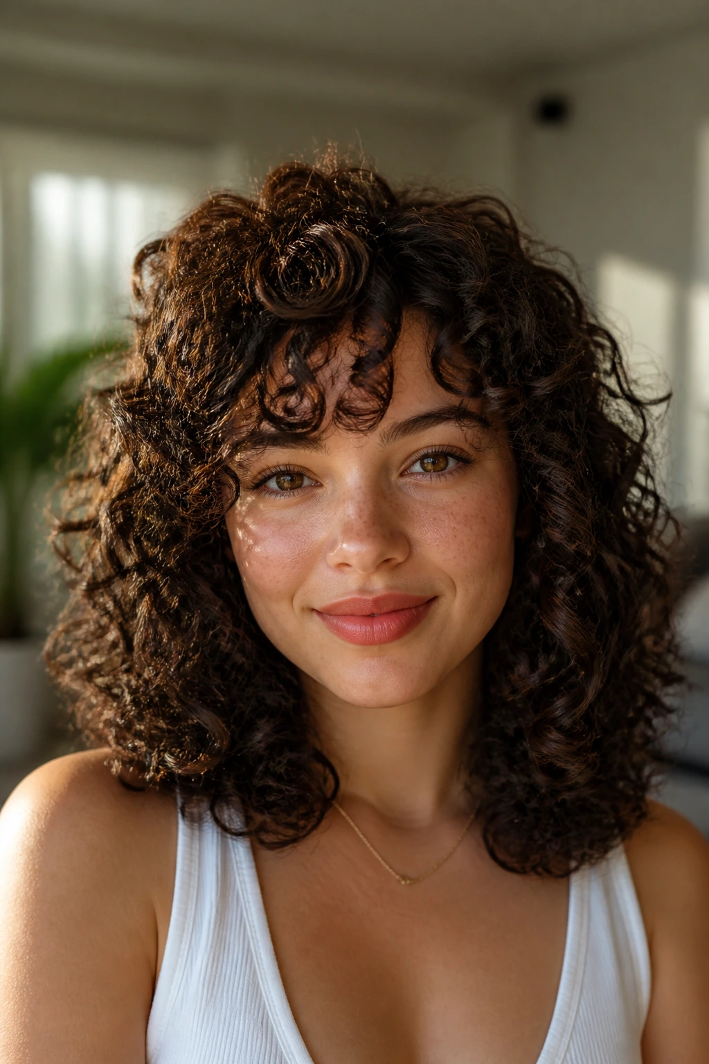 Close-up of real person with triangle-balanced de-bulked curls.
