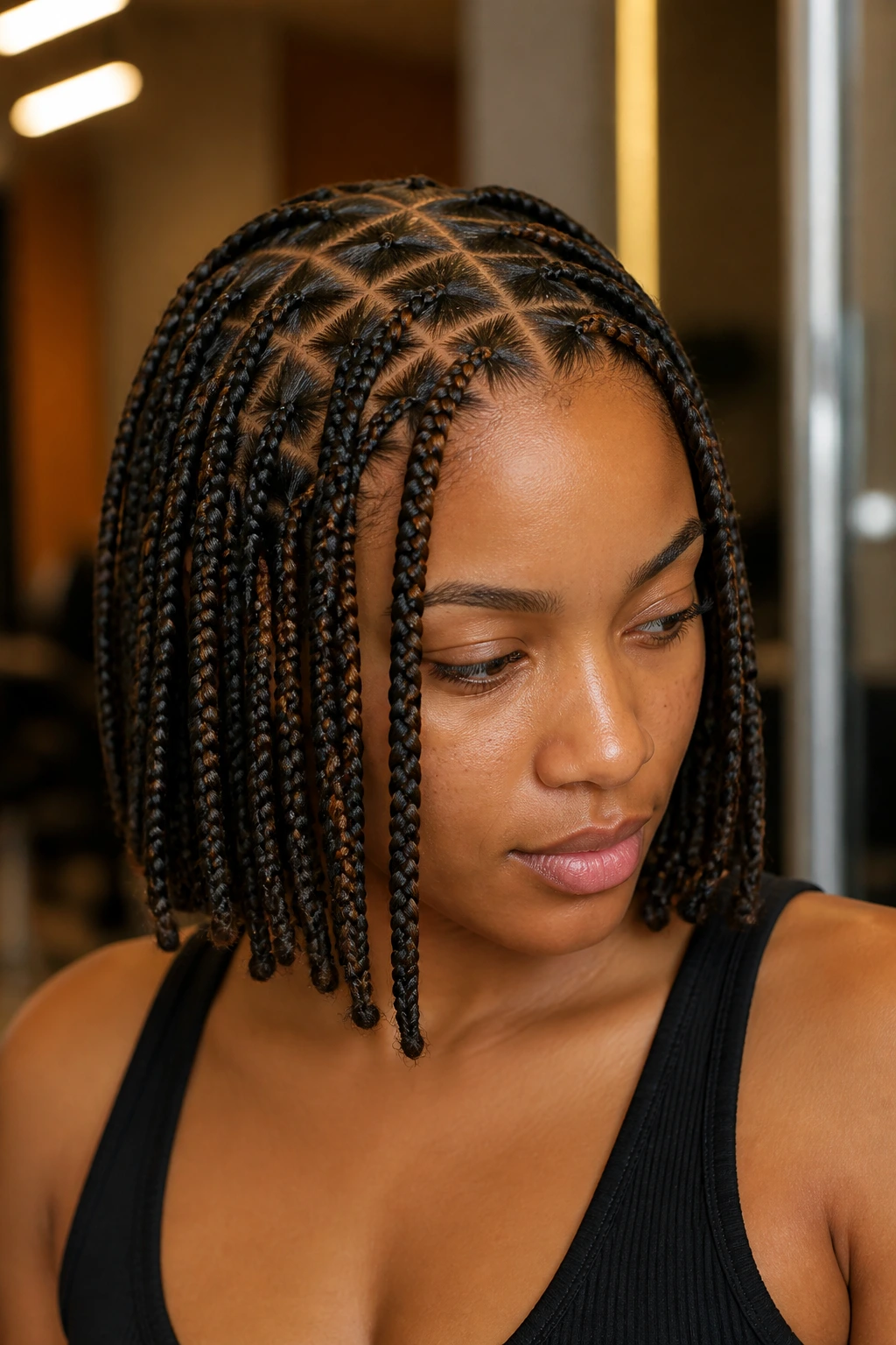 Close-up of triangle-part bob braids on a real person.