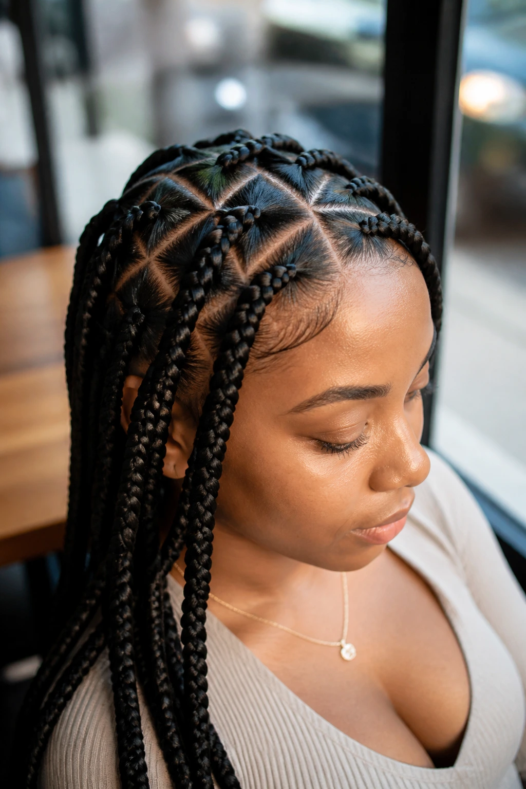 Real person with triangle-part box braids showing triangular scalp parts